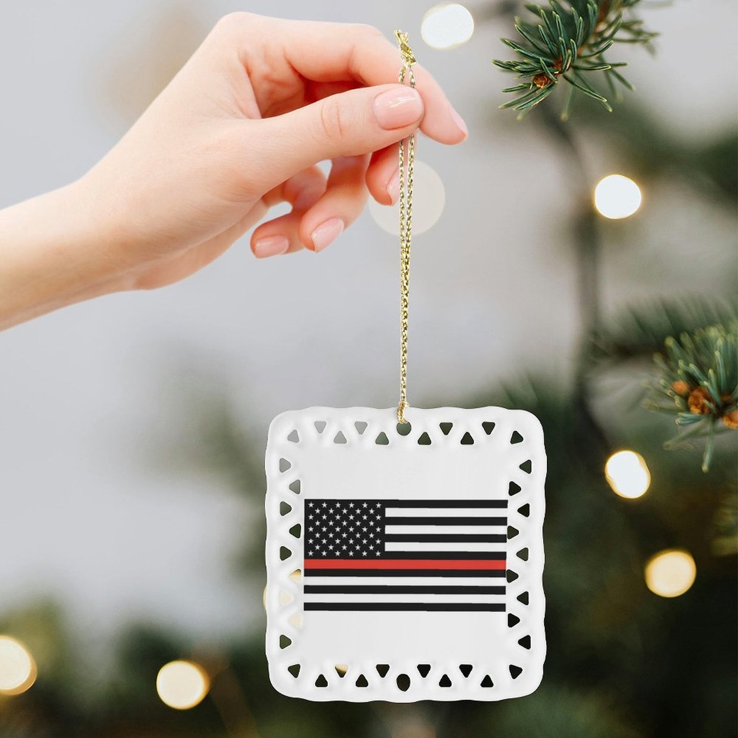 Thin Red Line Flag Inspired Square Ceramic Ornament (Made in the USA)