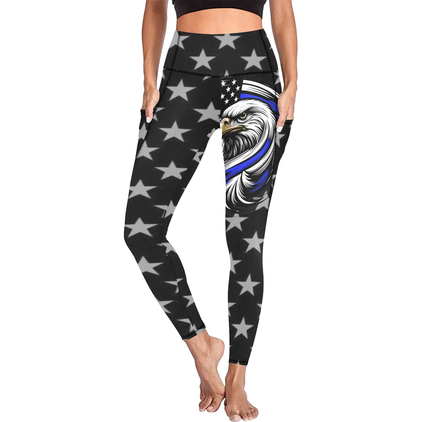 Thin Blue Line Flag Inspired Eagle Women's High Waist Leggings with Pockets