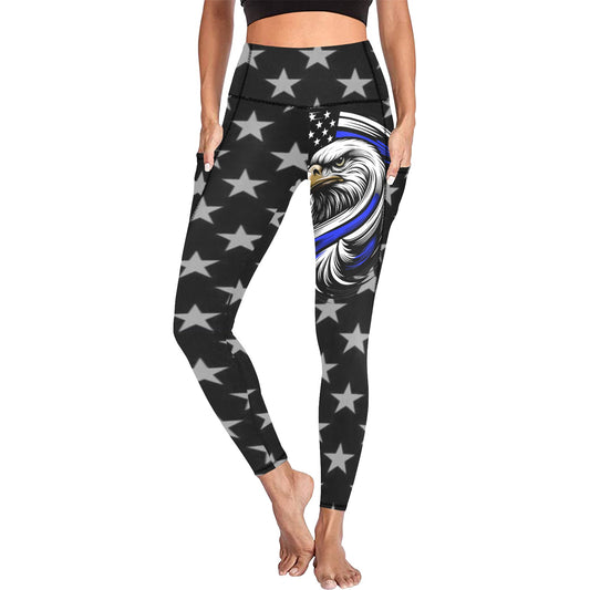 Thin Blue Line Flag Inspired Eagle Women's High Waist Leggings with Pockets