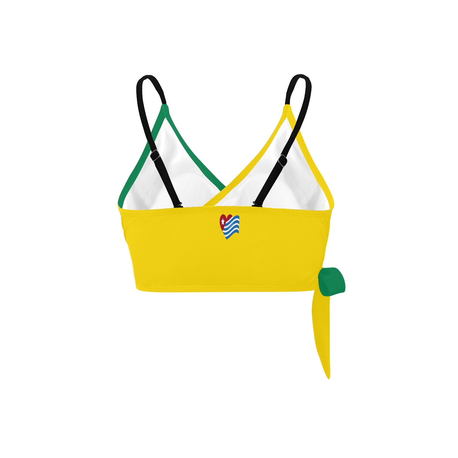 Yellow bikini top with black straps, green accents, [Brand].