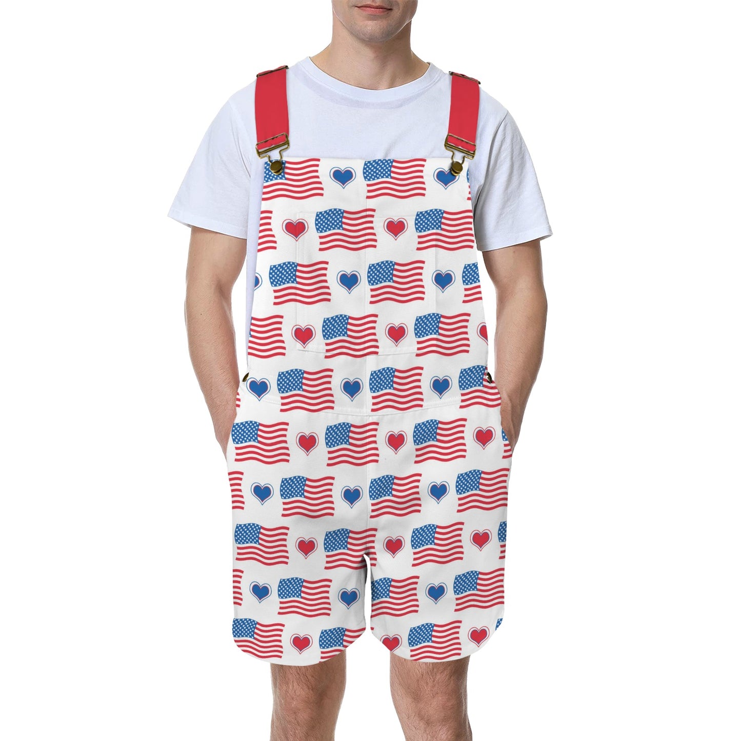 USA/American Flag Inspired Flag and Hearts Pattern Unisex Suspender Jumpsuit