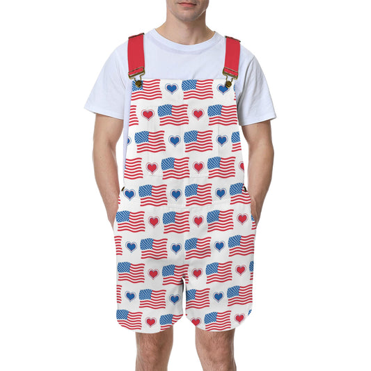 USA/American Flag Inspired Flag and Hearts Pattern Unisex Suspender Jumpsuit
