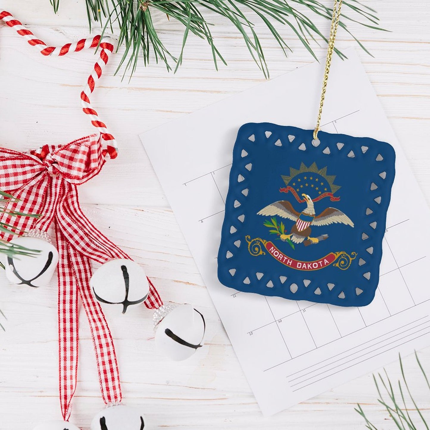 North Dakota Flag Inspired Square Ceramic Ornament Made in the USA
