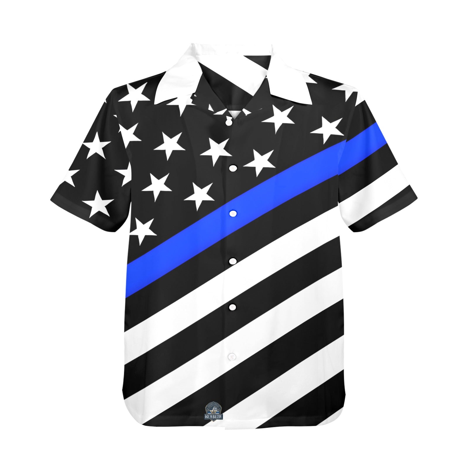 [Brand] shirt with stars, stripes, and a blue line.