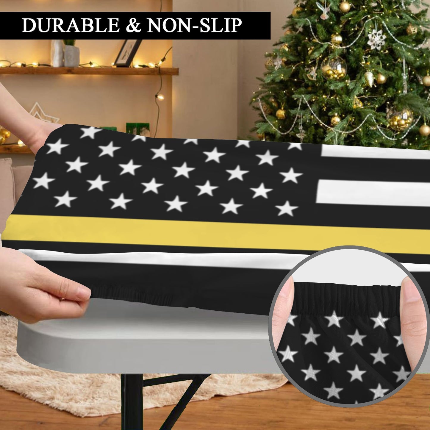 Thin Gold Line Flag Inspired Custom Elastic Fitted Tablecloth 72x30 inch (Made in the USA)