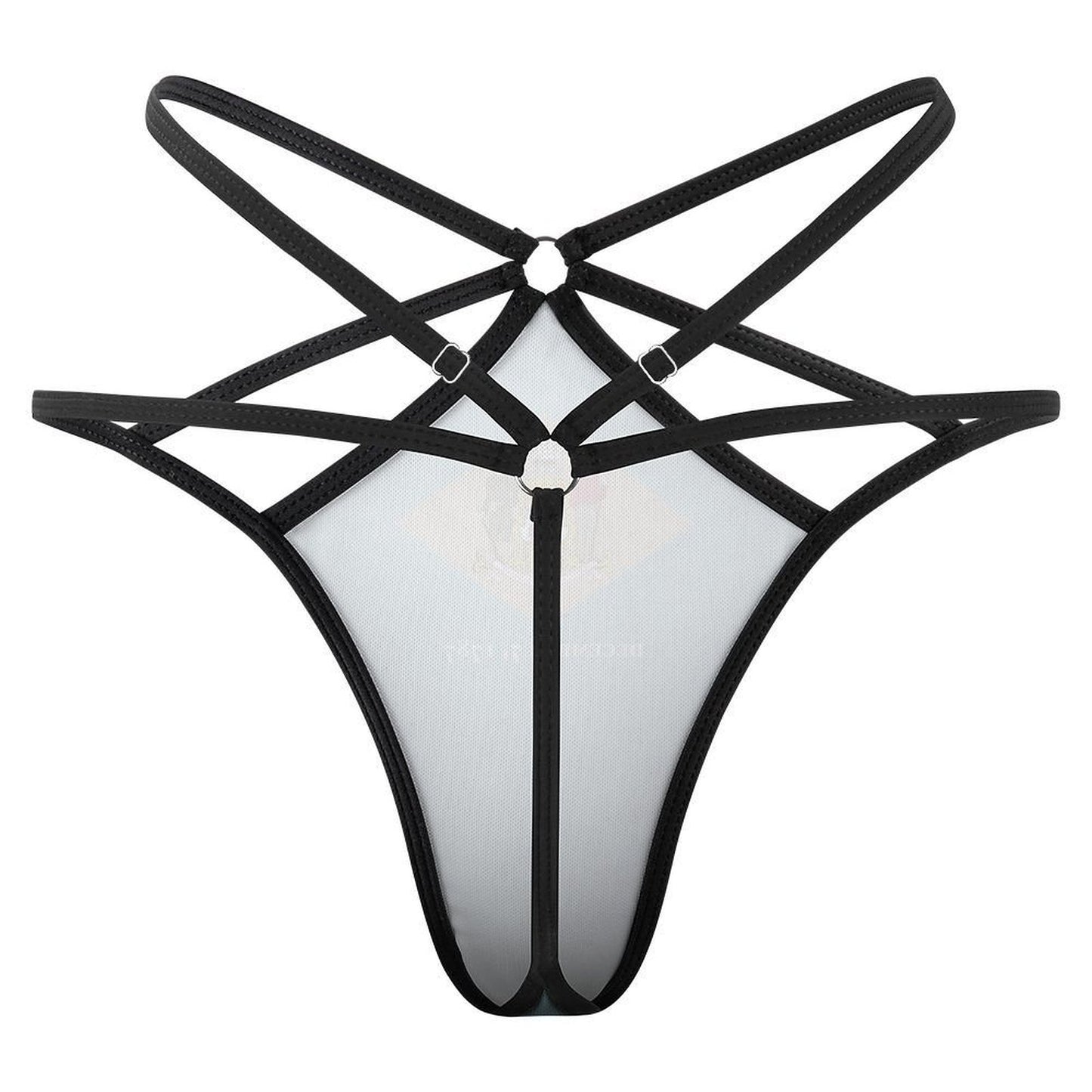 [Brand] black strappy lingerie against a plain white backdrop.