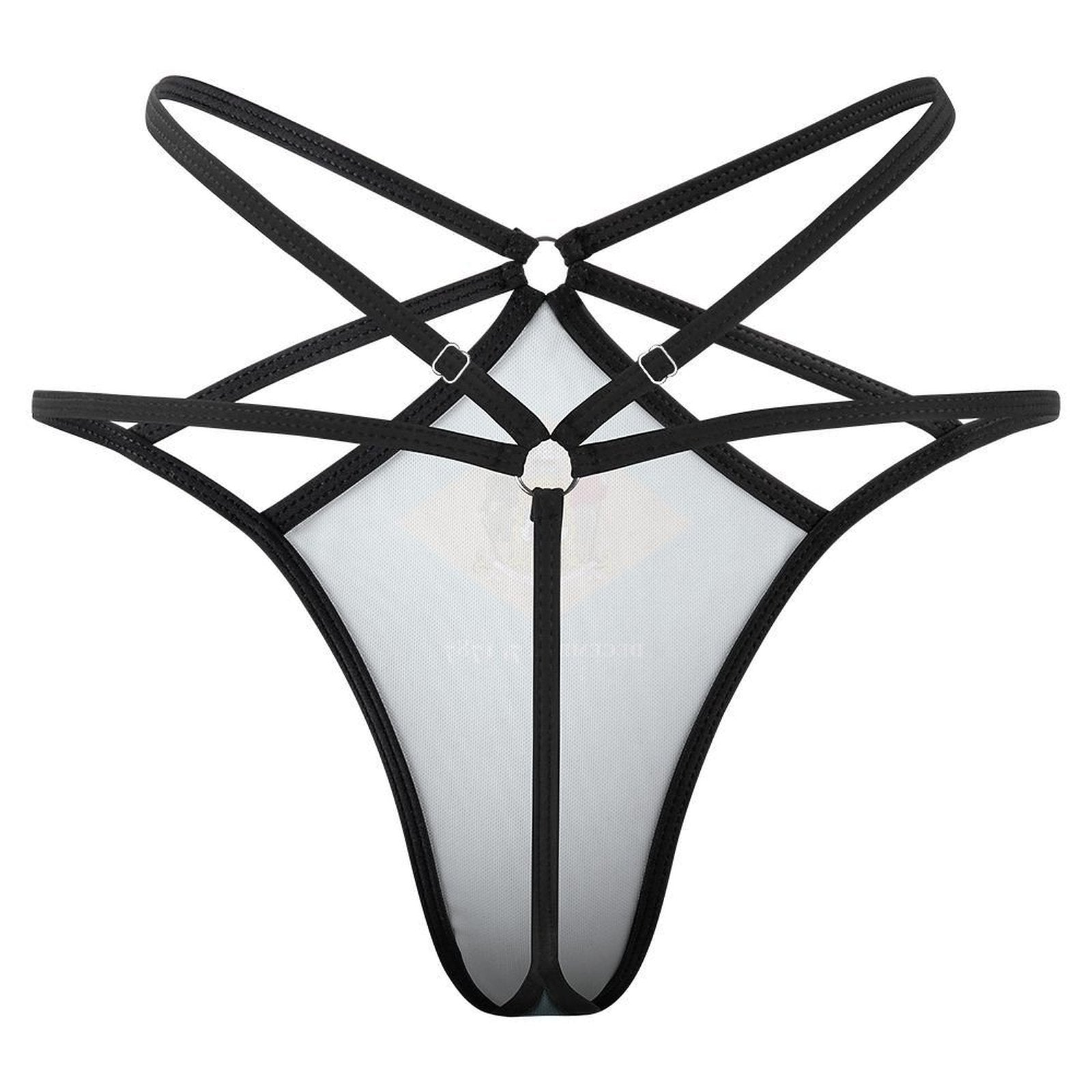 [Brand] black strappy lingerie against a plain white backdrop.