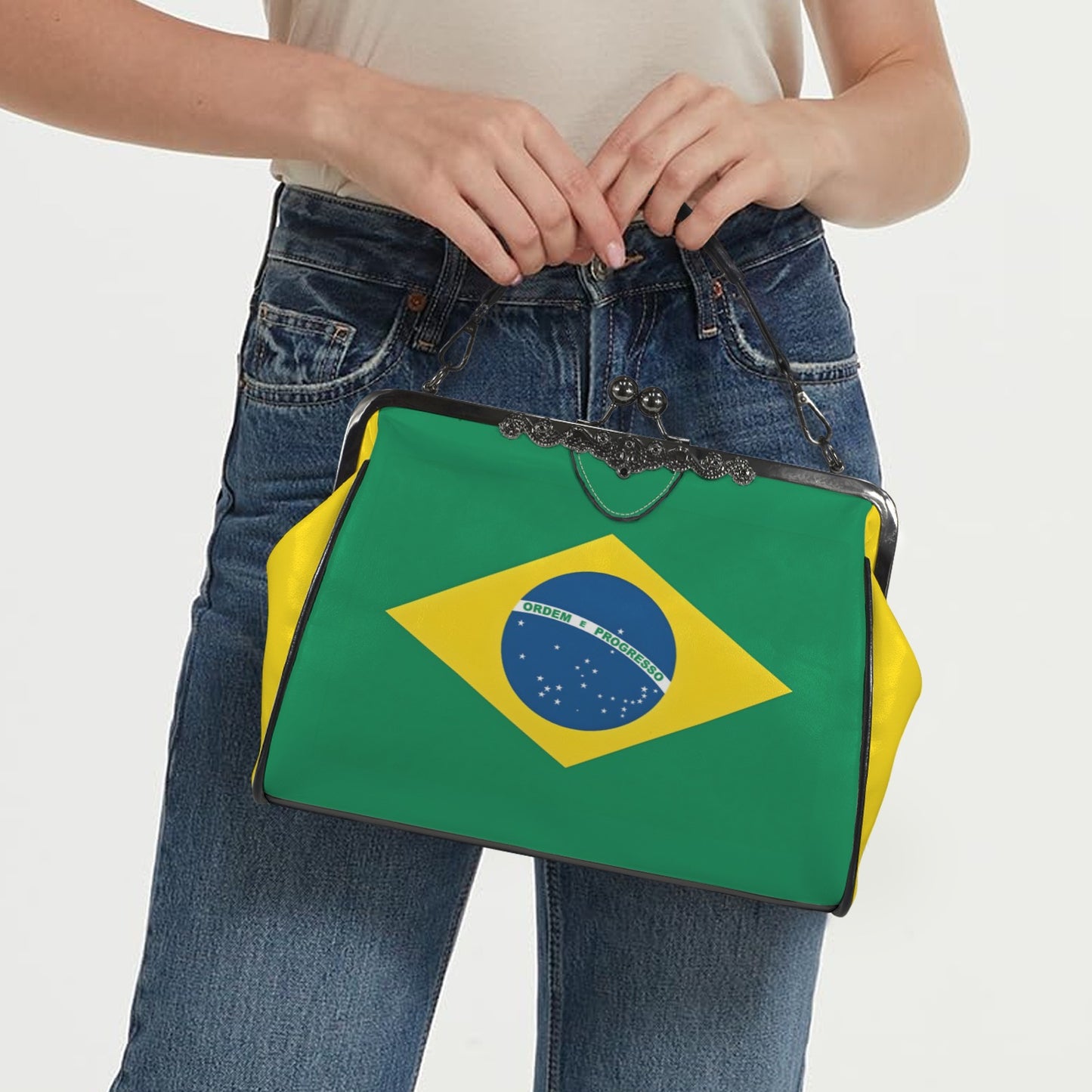 Brazil Flag Inspired Kisslock Crossbody Shoulder Bag