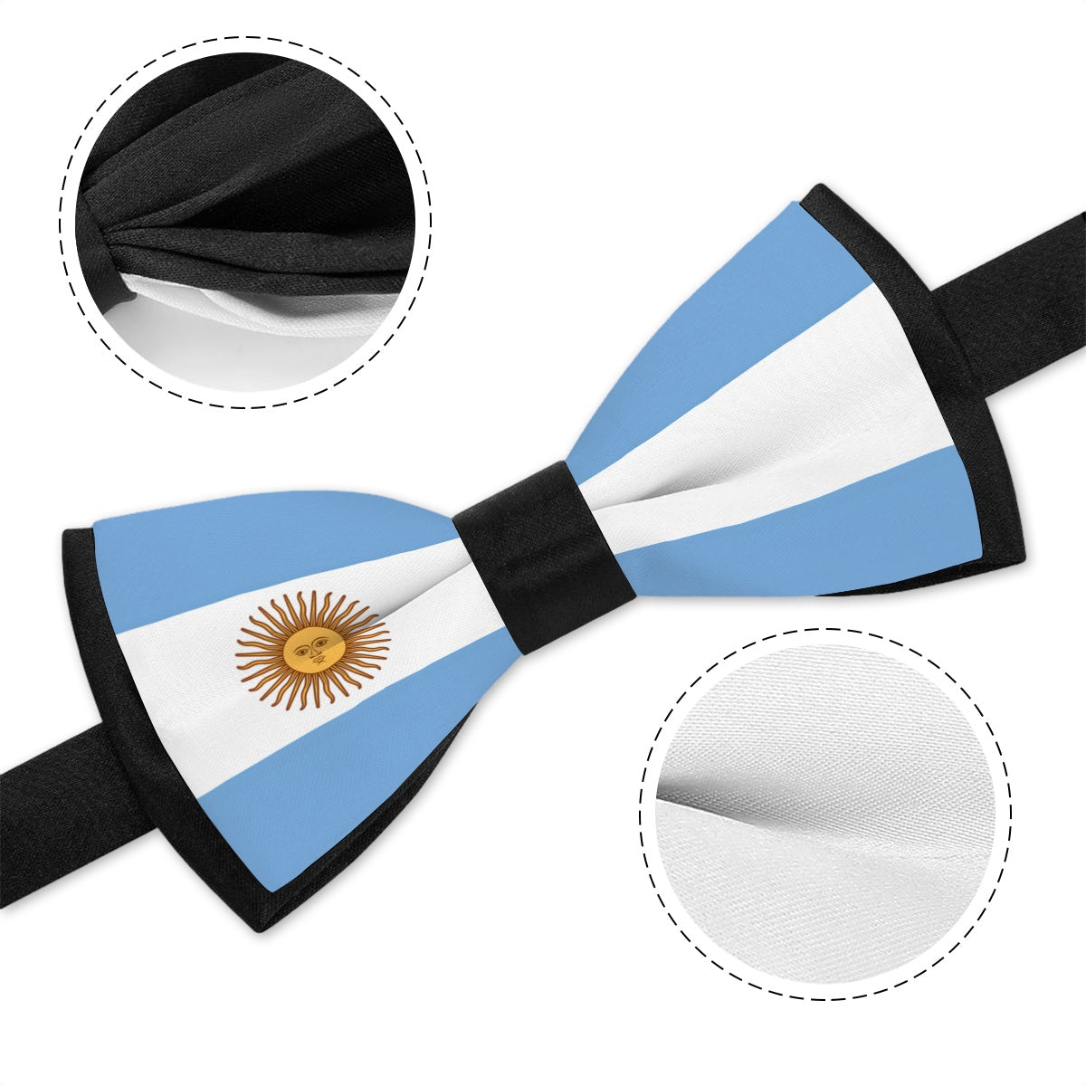 [Brand] bow tie with Argentine flag design and details.