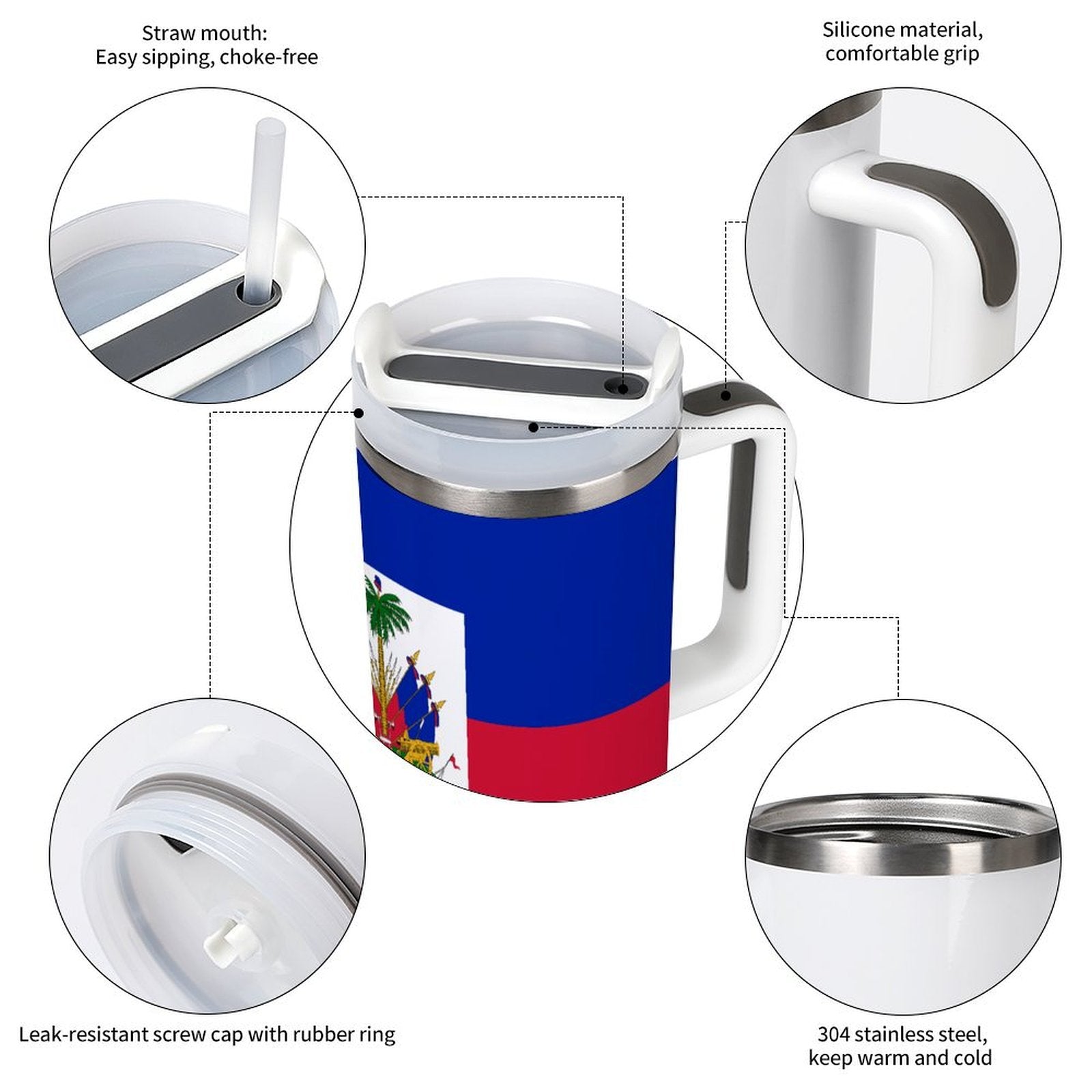 [Brand] travel mug with flag design and detailed features.