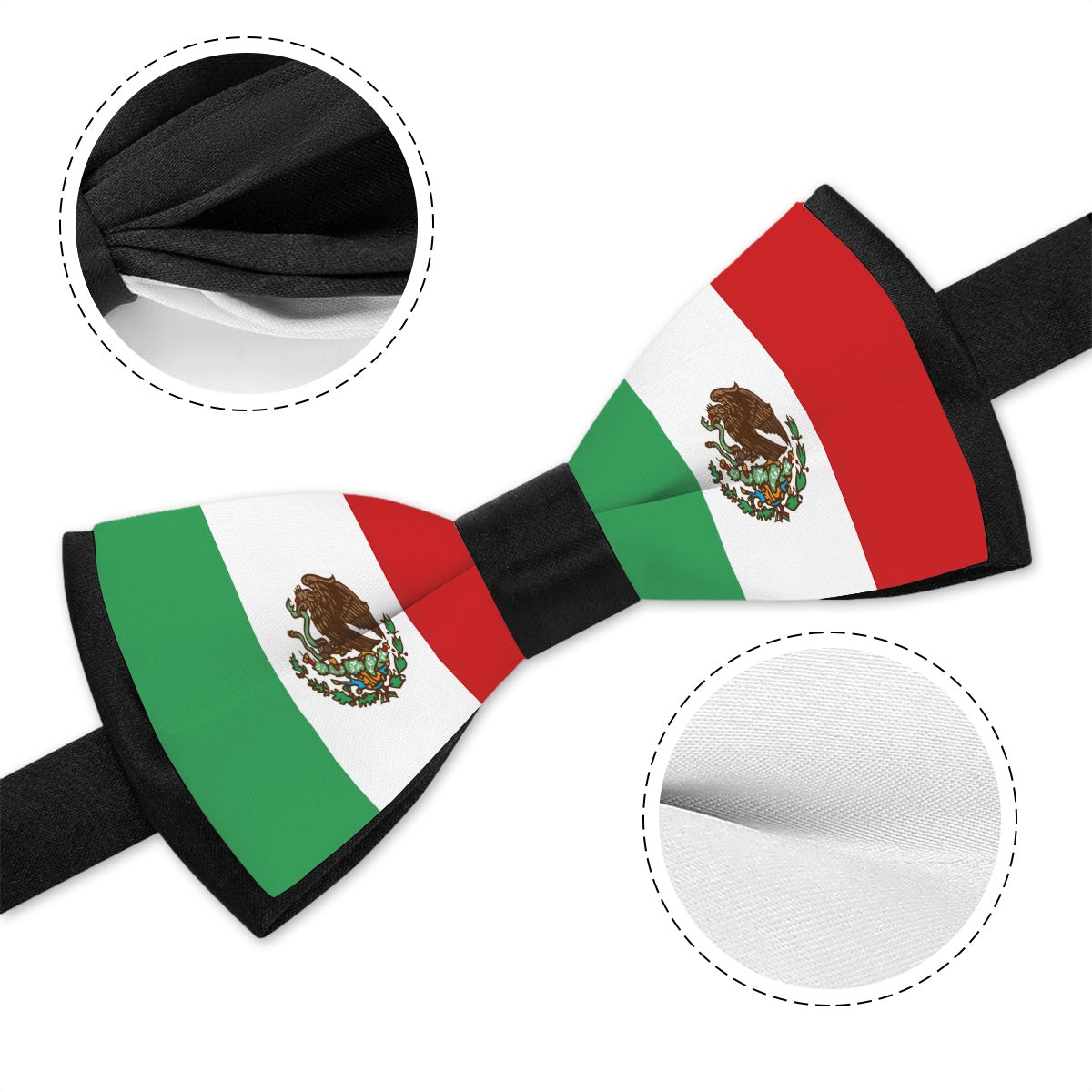 [Brand] Mexican flag bow tie with detailed fabric texture.