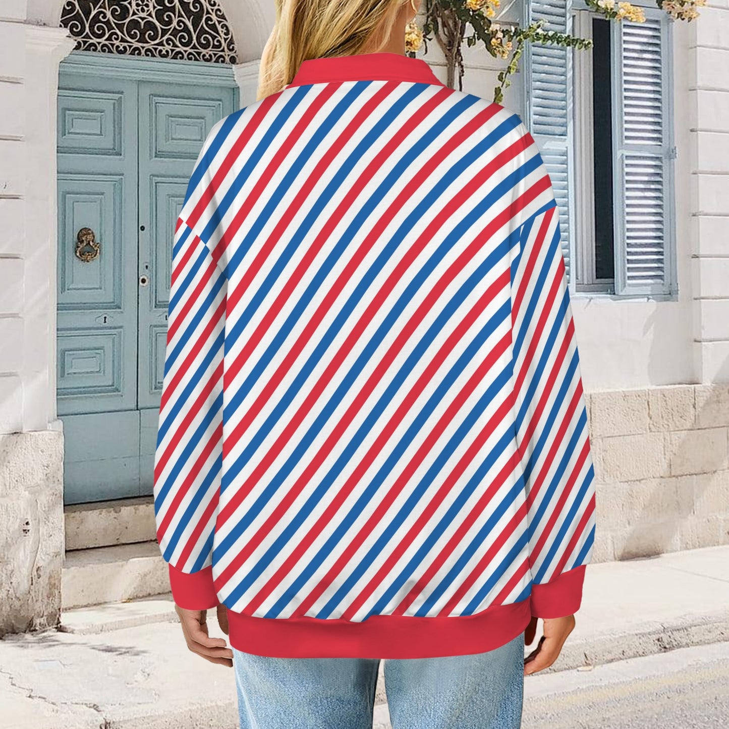 USA/American Flag Stripes Pattern Women's Quarter Zip Pullover Sweatshirt