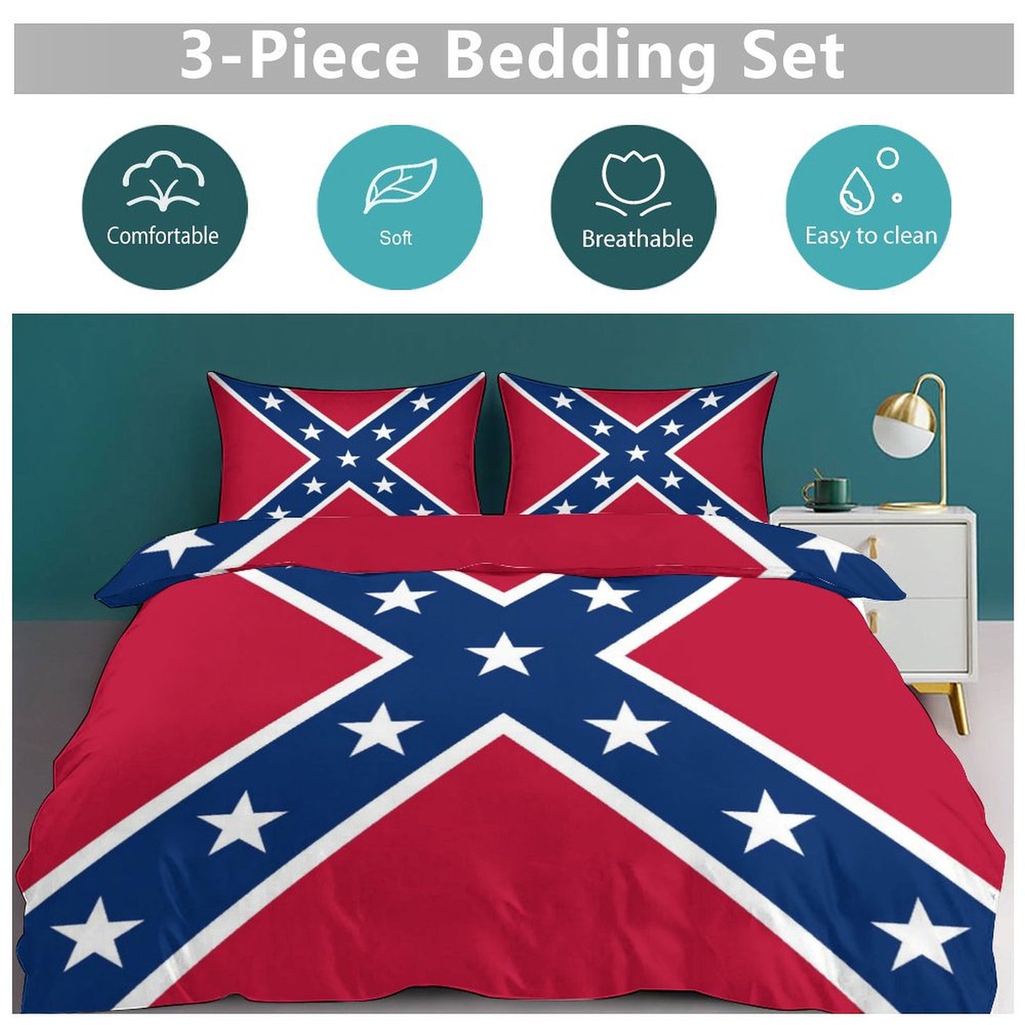 Confederate Battle Flag Inspired 3-Piece Bedding Set (1 Duvet Cover + 2 Pillow Shams) – 102"×90"