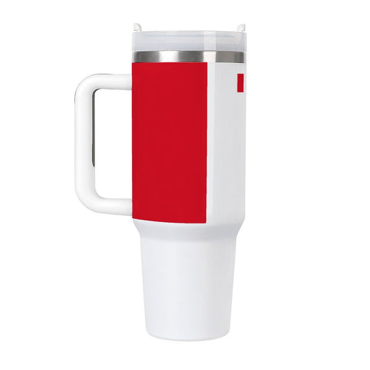 [Brand] travel mug with red exterior and sturdy handle.