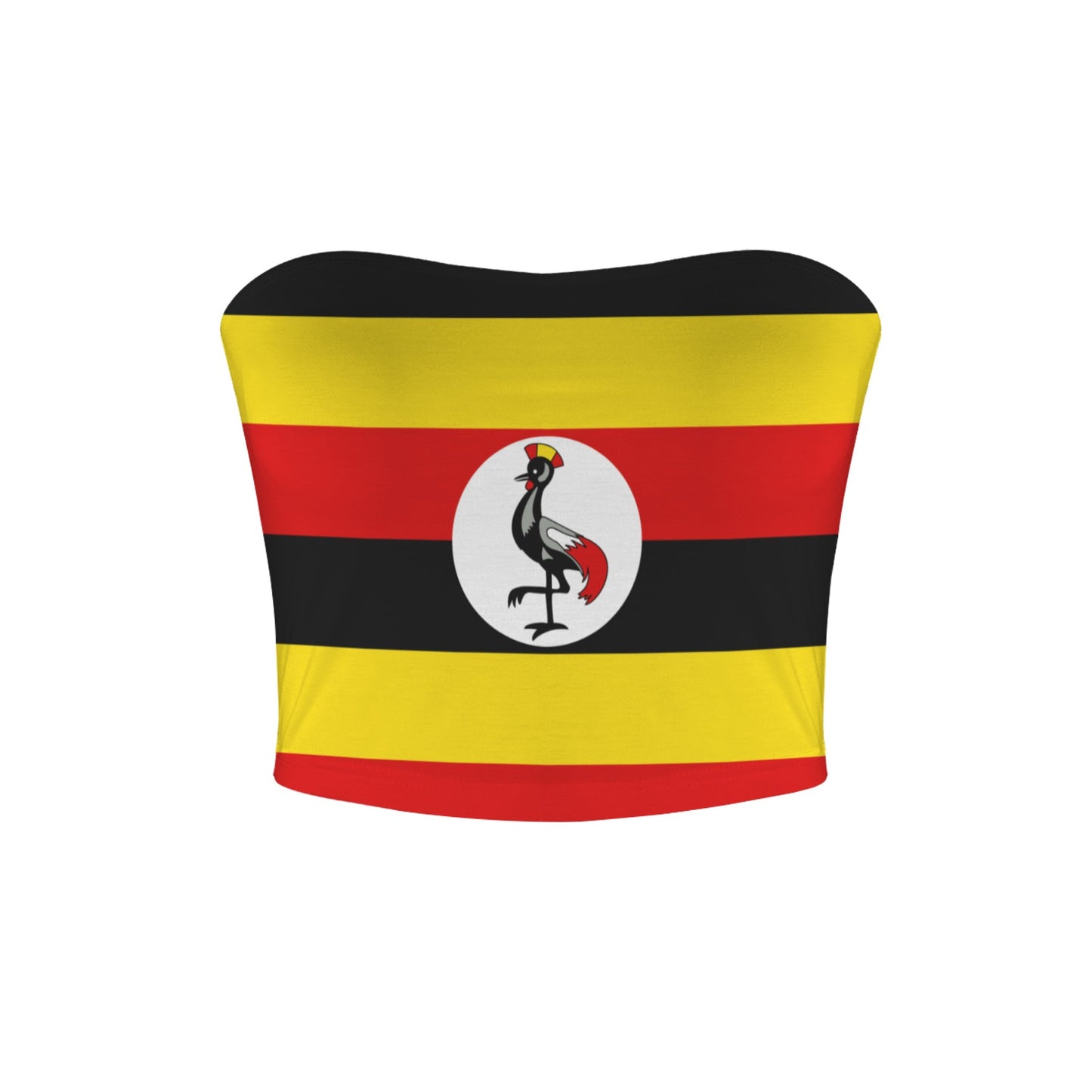 [Brand] crop top featuring Uganda flag with vibrant colors.