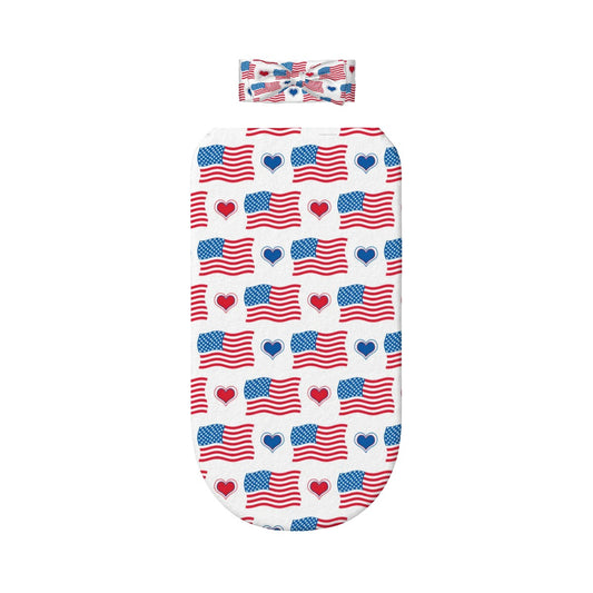 USA/American Flag Inspired Flags and Hearts Pattern Baby Swaddle Sack with Baby Headband