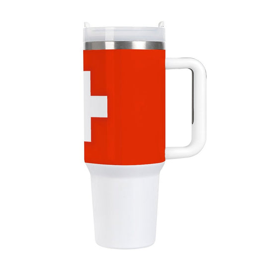 [Brand] insulated travel mug with bright red and white design.