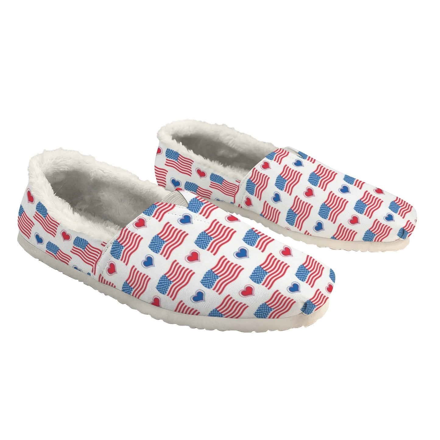 USA/American Flag Inspired Flag and Hearts Pattern Women's Fleece-Lined Canvas Slip-On