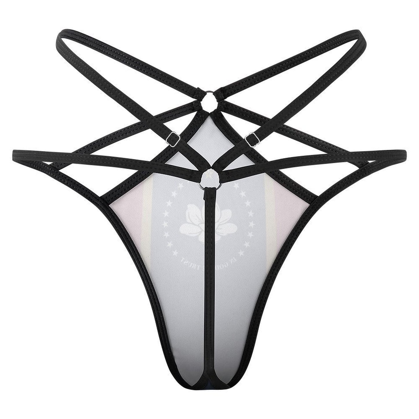 Black strappy harness lingerie from [Brand] with geometric design.