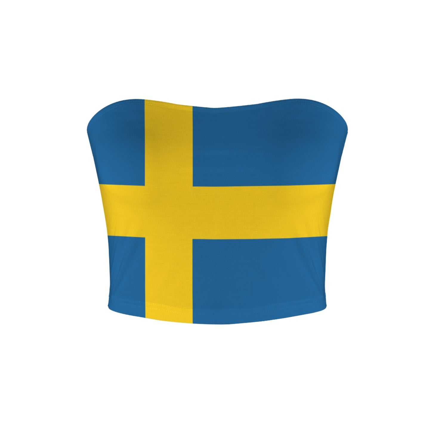 [Brand] tube top with Swedish flag design, blue and yellow.