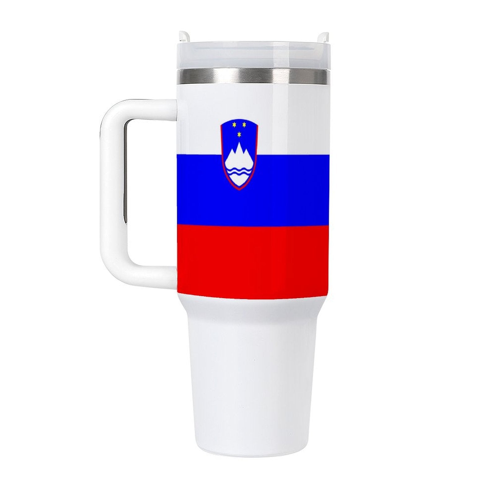 Brand travel mug featuring Slovenia flag design, white handle.