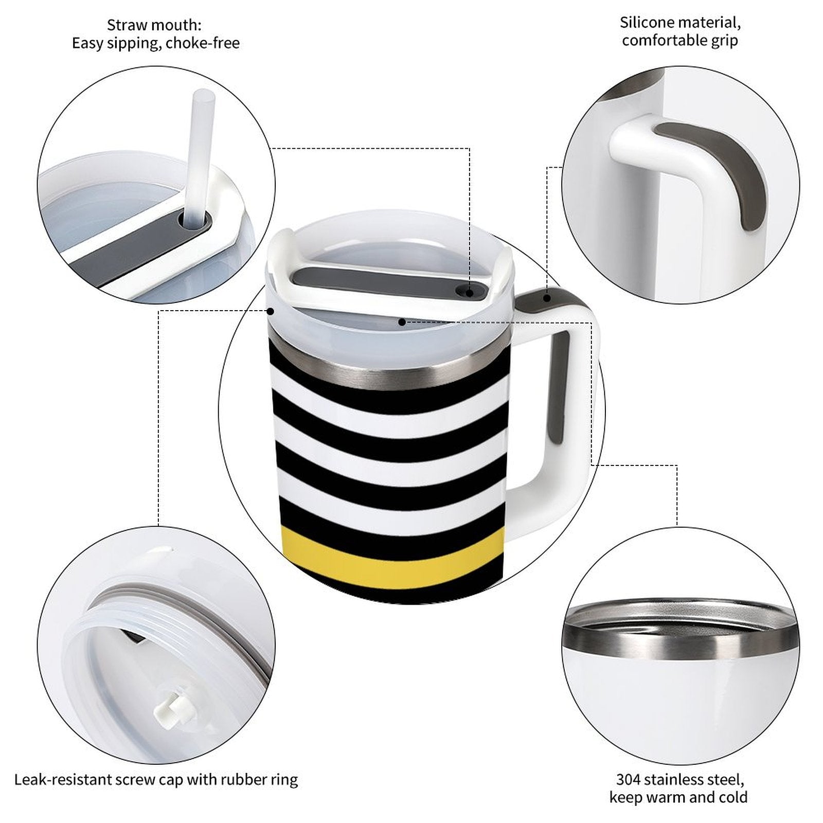 [Brand] mug with silicone grip, straw, and steel body.
