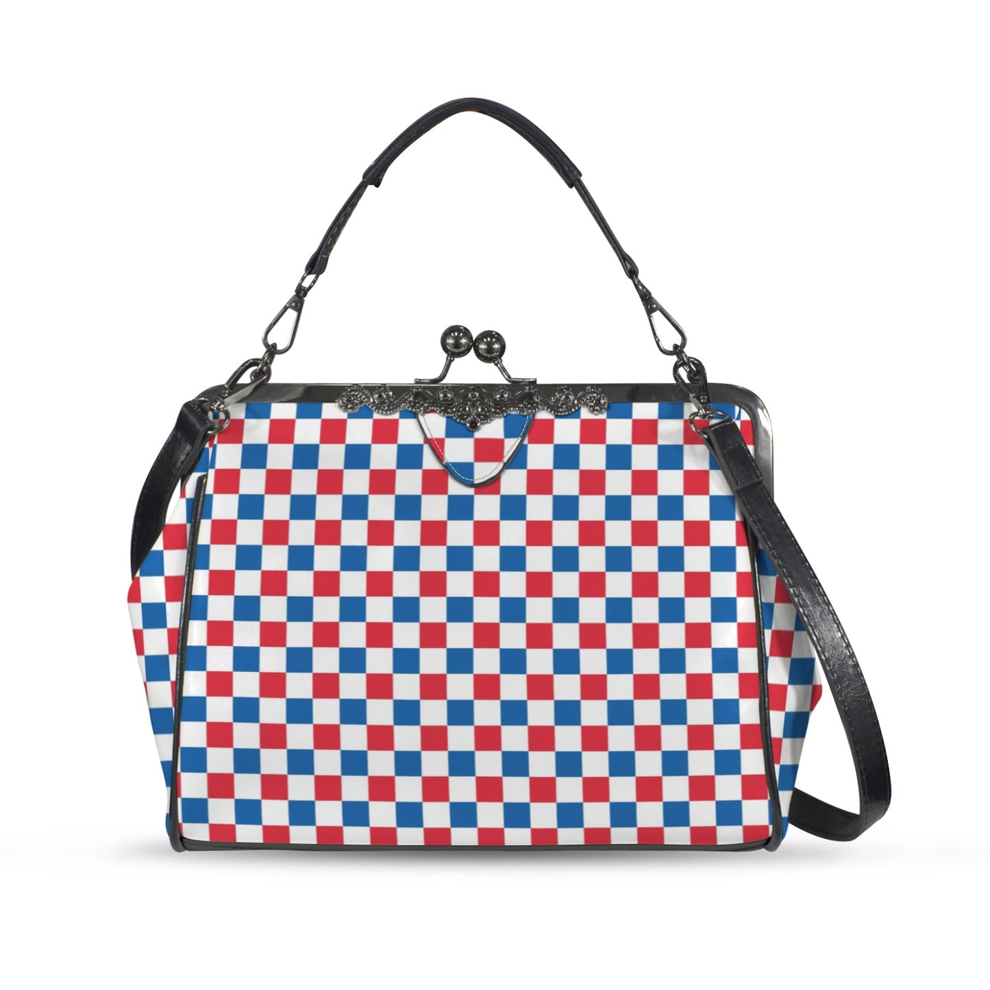 USA/American Flag Inspired Checkered Pattern Kisslock Crossbody Shoulder Bag