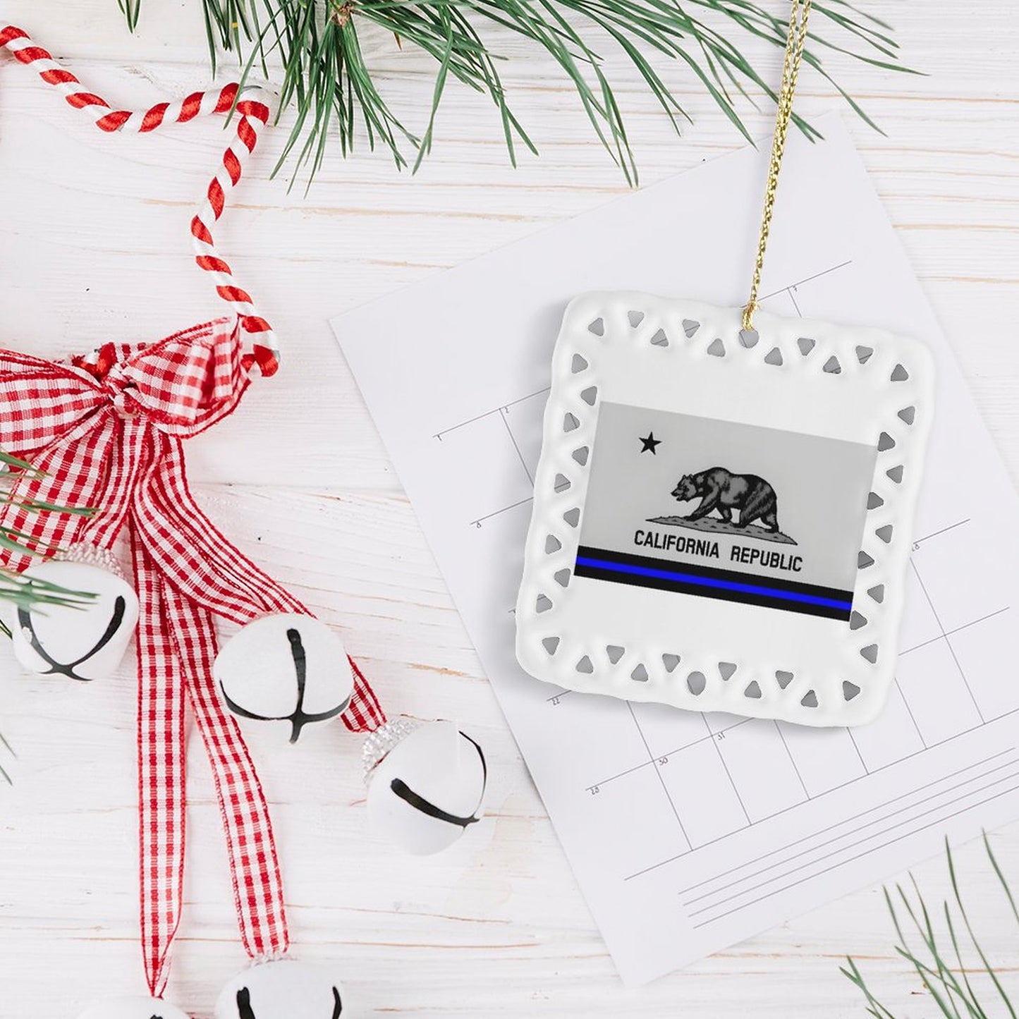 Thin Blue Line California Flag Inspired Square Ceramic Ornament (Made in the USA)