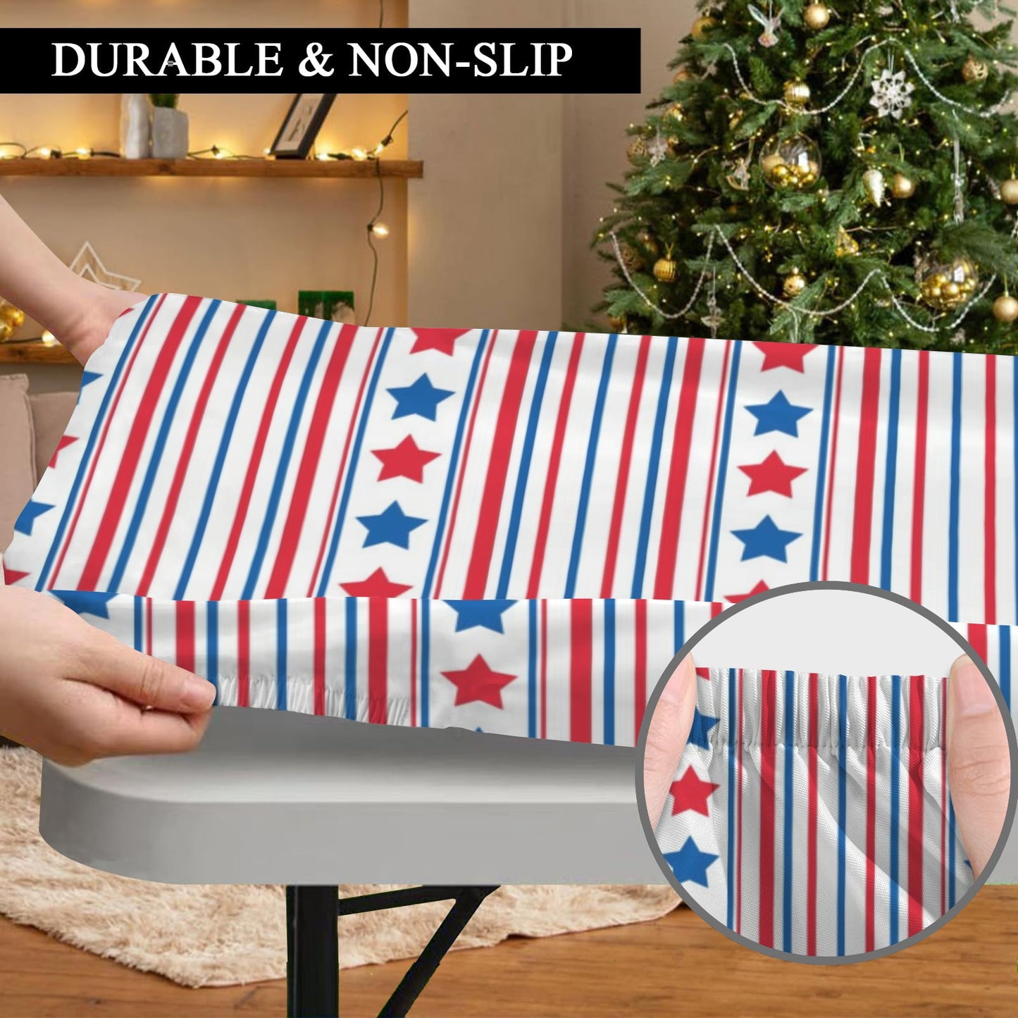 USA/American Flag Inspired Stars & Stripes Pattern Custom Elastic Fitted Tablecloth 72x30 inch (Made in the USA)