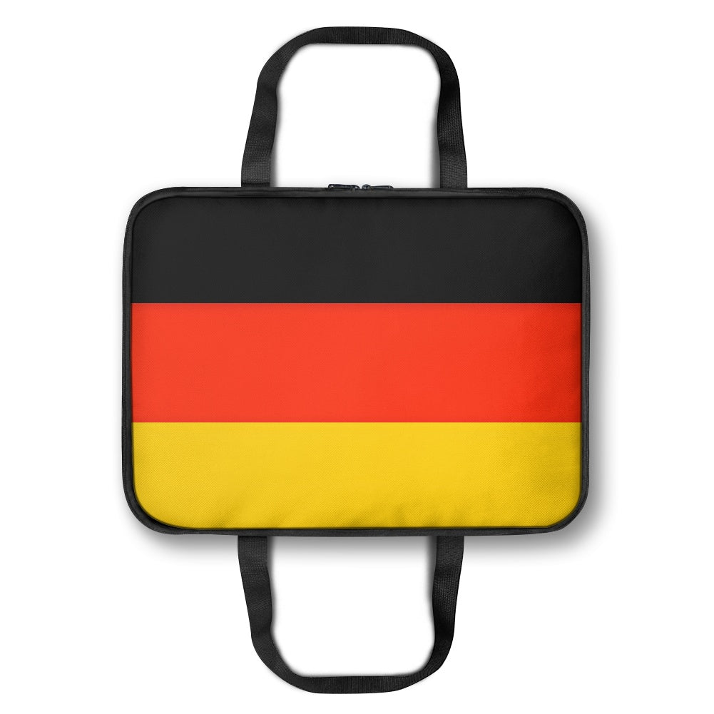 Laptop sleeve with German flag design and [Brand] handles.