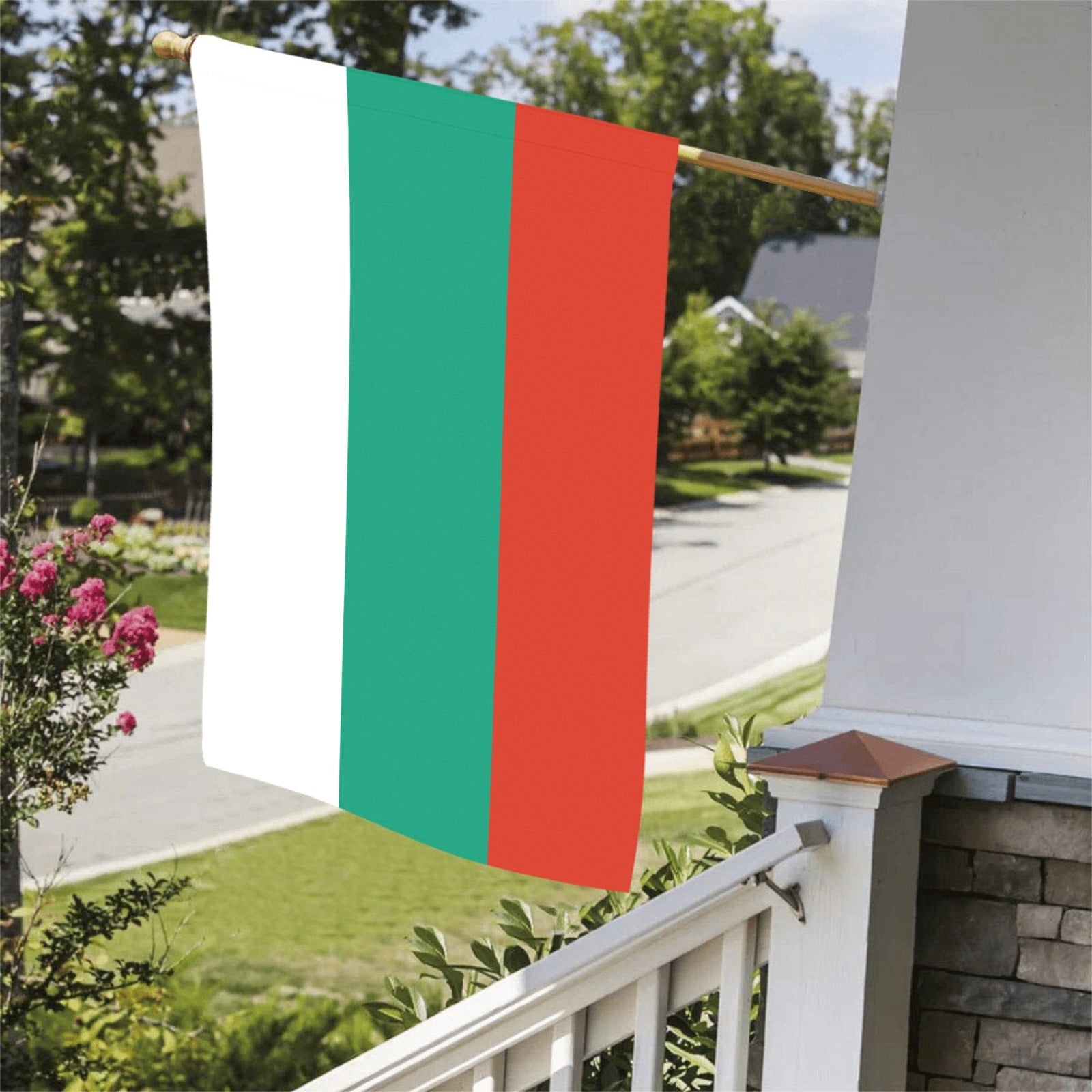 Luv My Flag Bulgarian flag hangs on suburban porch.