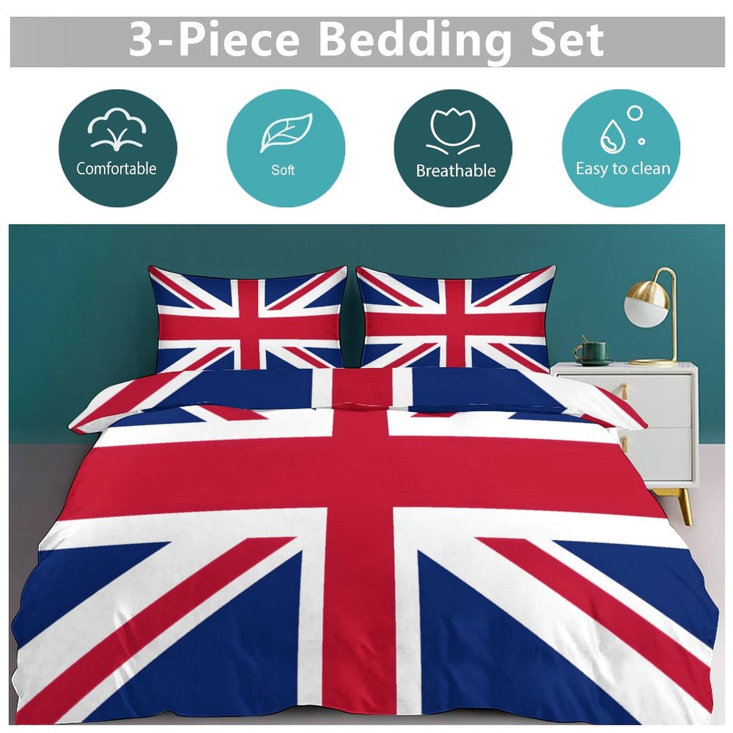 UK/Great Britain Flag Inspired 3-Piece Bedding Set (1 Duvet Cover + 2 Pillow Shams) – 102"×90"