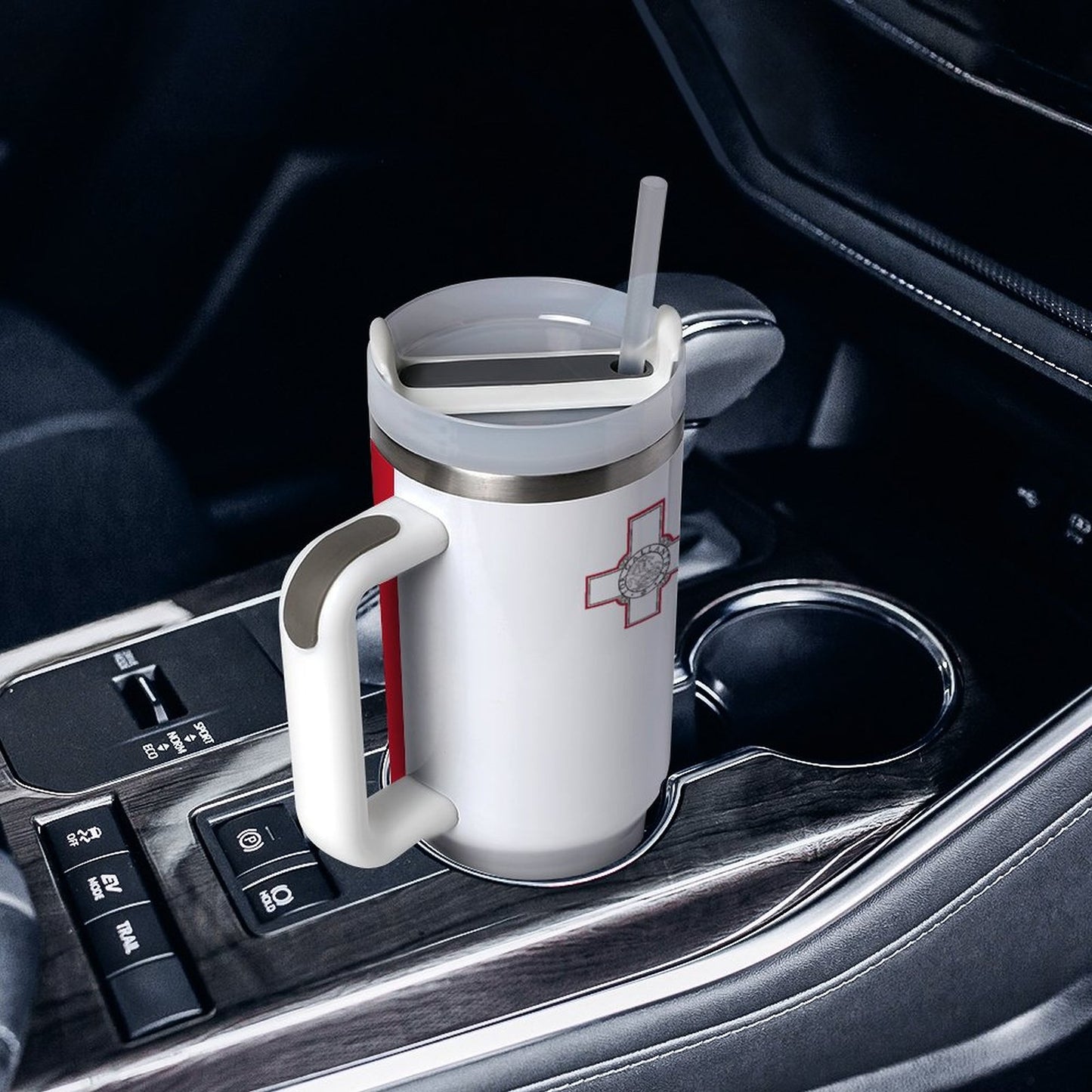 [Brand] insulated mug with handle, straw in car holder.