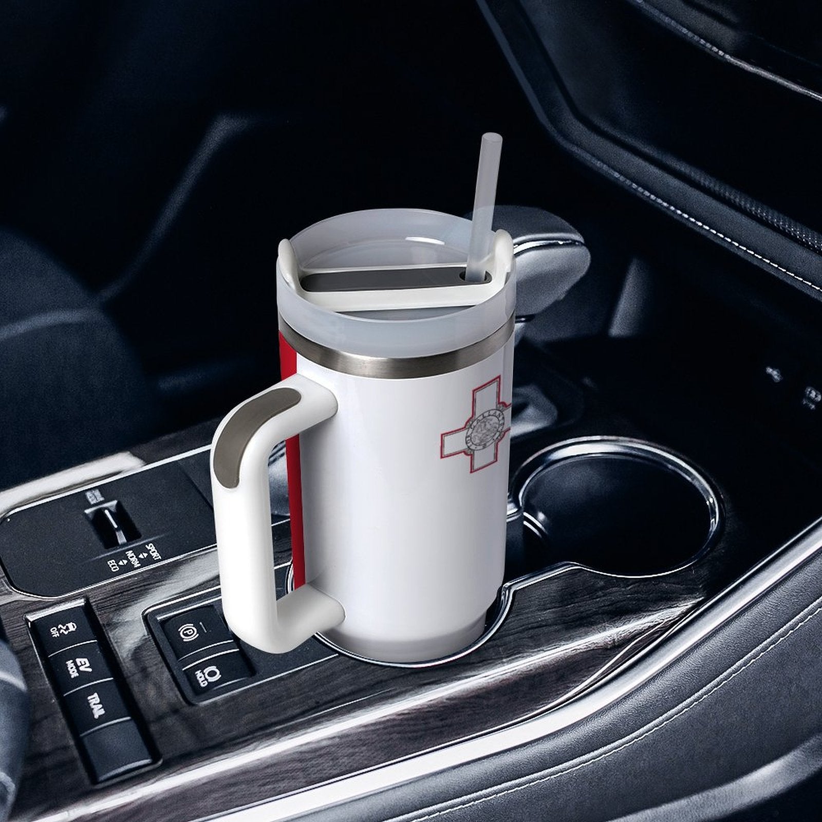 [Brand] insulated mug with handle, straw in car holder.