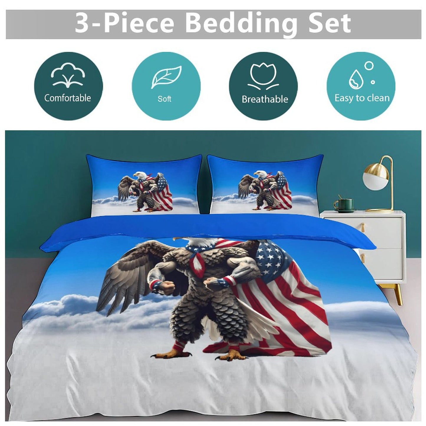 USA/American Flag Inspired Eagle with Cape On The Clouds 3-Piece Bedding Set (1 Duvet Cover + 2 Pillow Shams) – 102"×90"