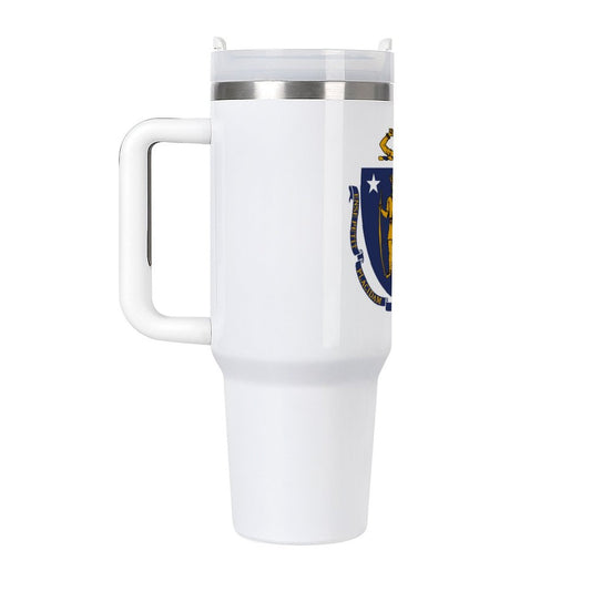 [Brand] white travel mug with Massachusetts state emblem design.