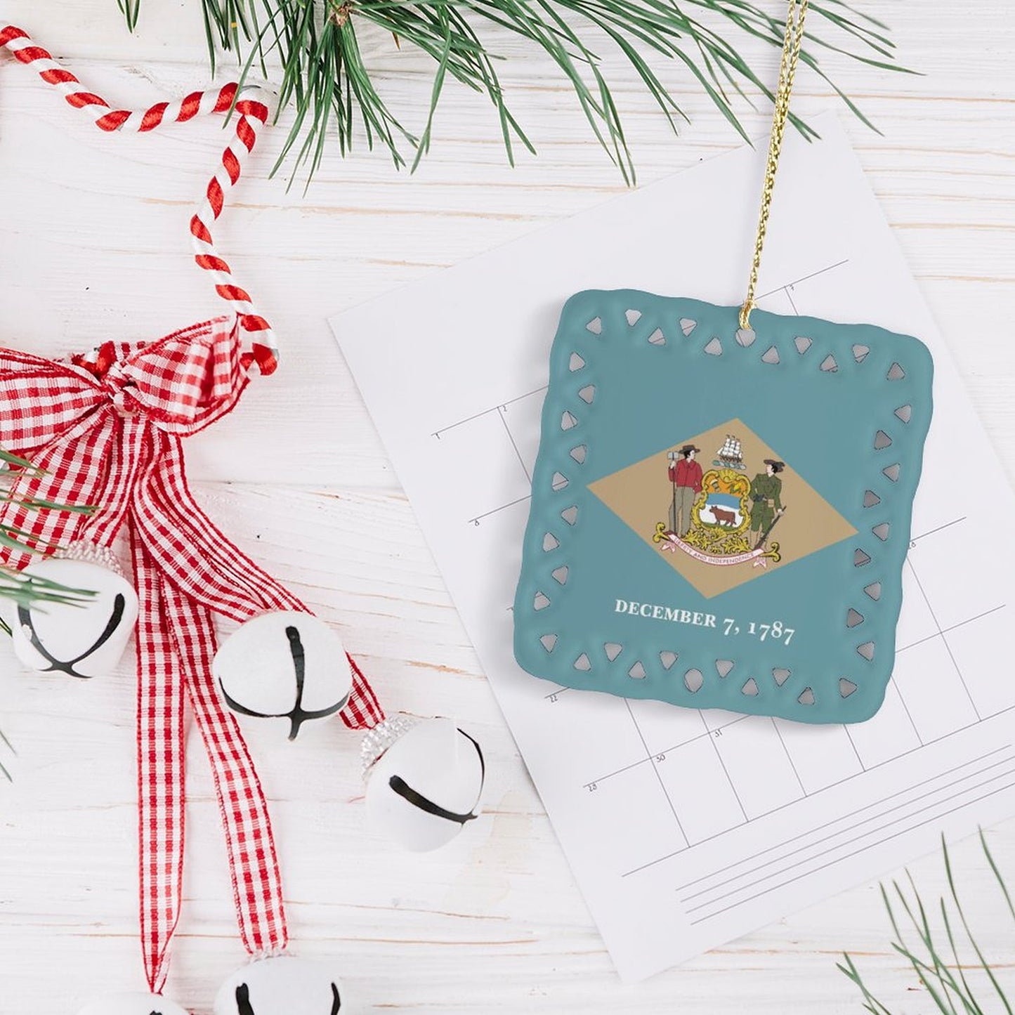 Delaware Flag Inspired Square Ceramic Ornament Made in the USA