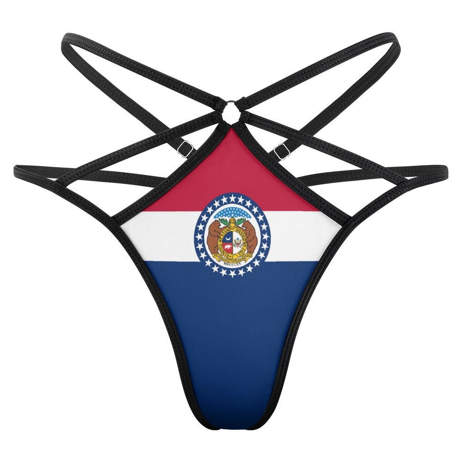 Strappy bikini bottom with Missouri flag design by [Brand].