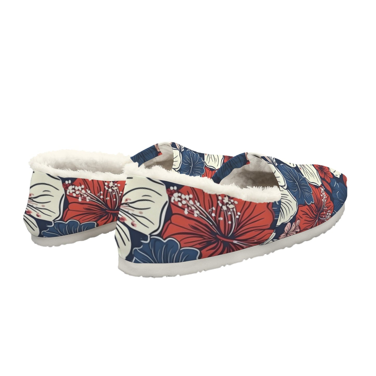 USA/American Flag Inspired Hawaiian Floral Pattern Women's Fleece-Lined Canvas Slip-On