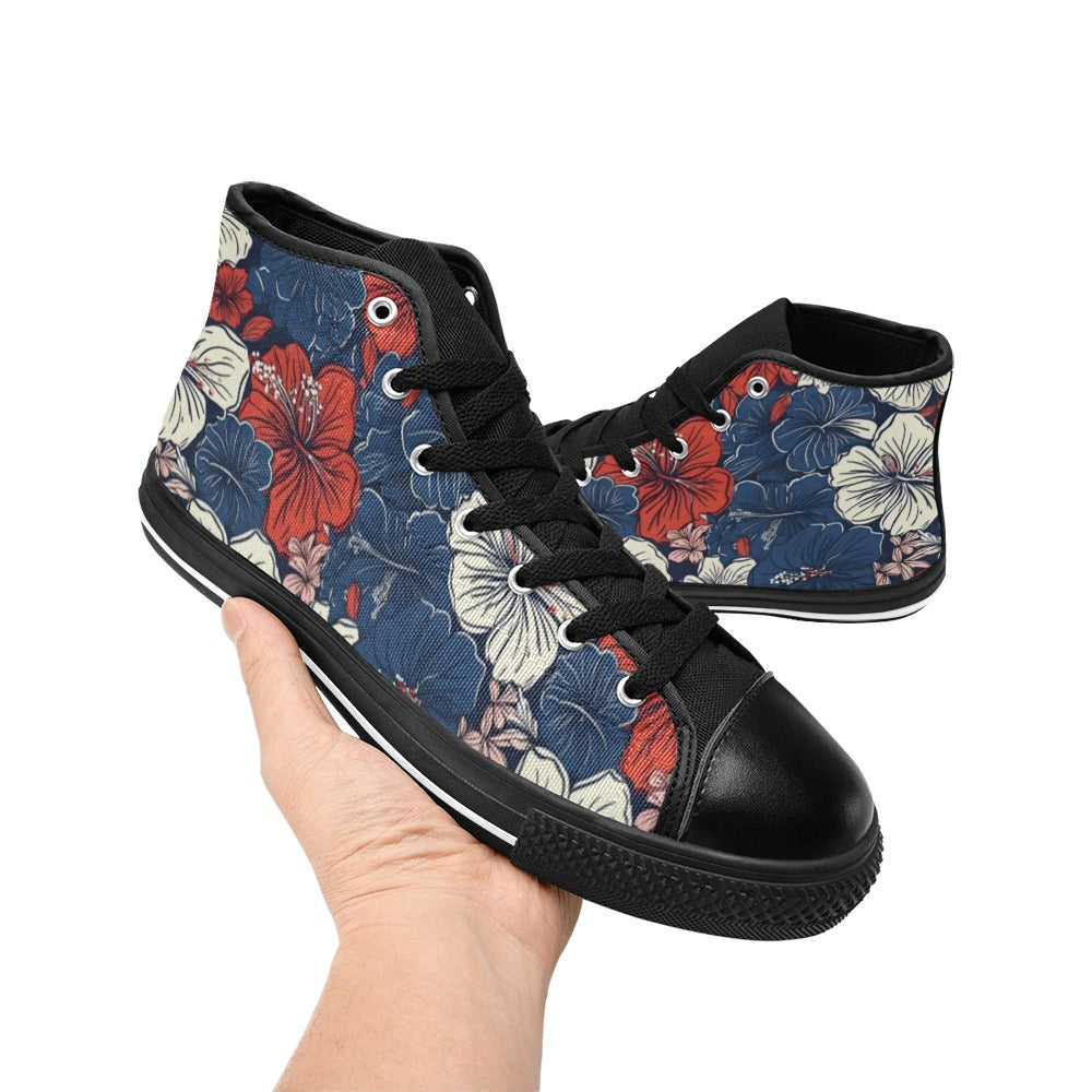 USA/American Flag Inspired Hawaiian Floral Pattern Kid's High Top Canvas Shoes
