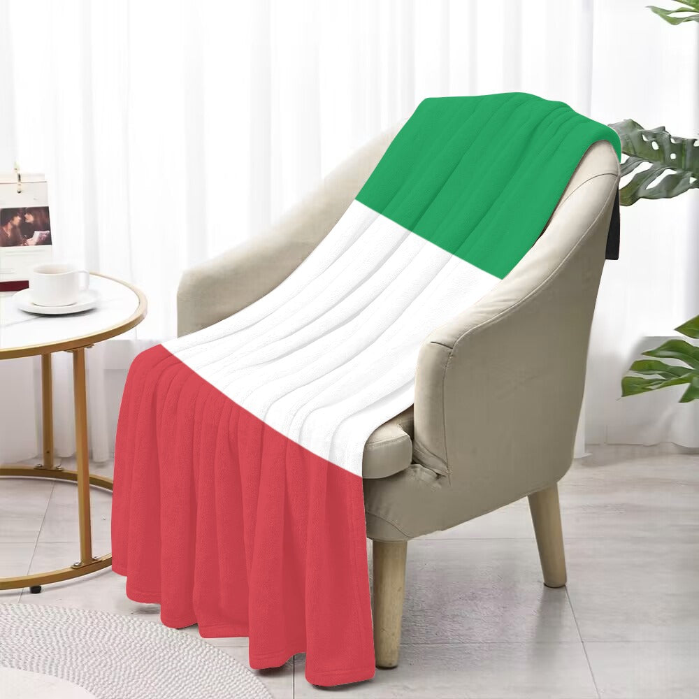 Luv My Flag blanket draped on chair, Italian flag colors.