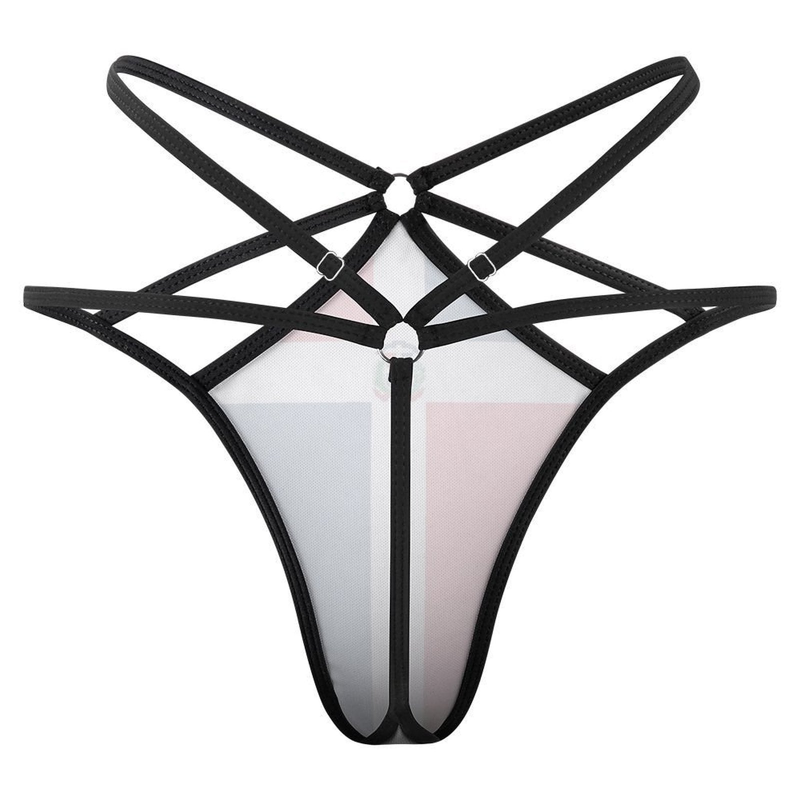 [Brand] black strappy harness with geometric design, front view.