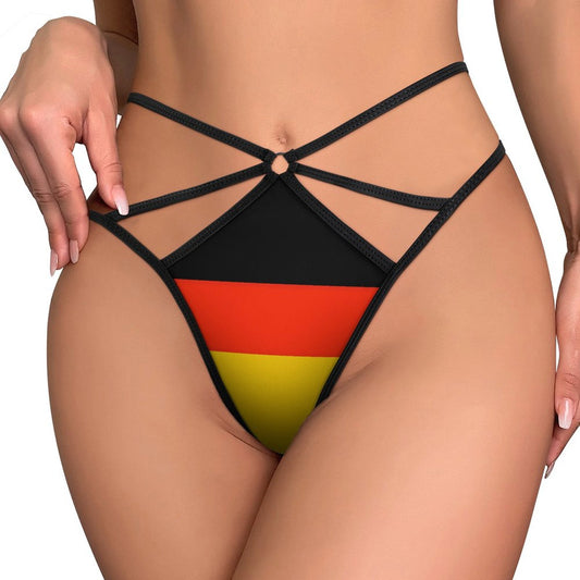 [Brand] strappy bikini with German flag design, close-up view.