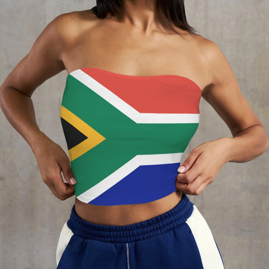 Woman wearing [Brand] top with South African flag design.