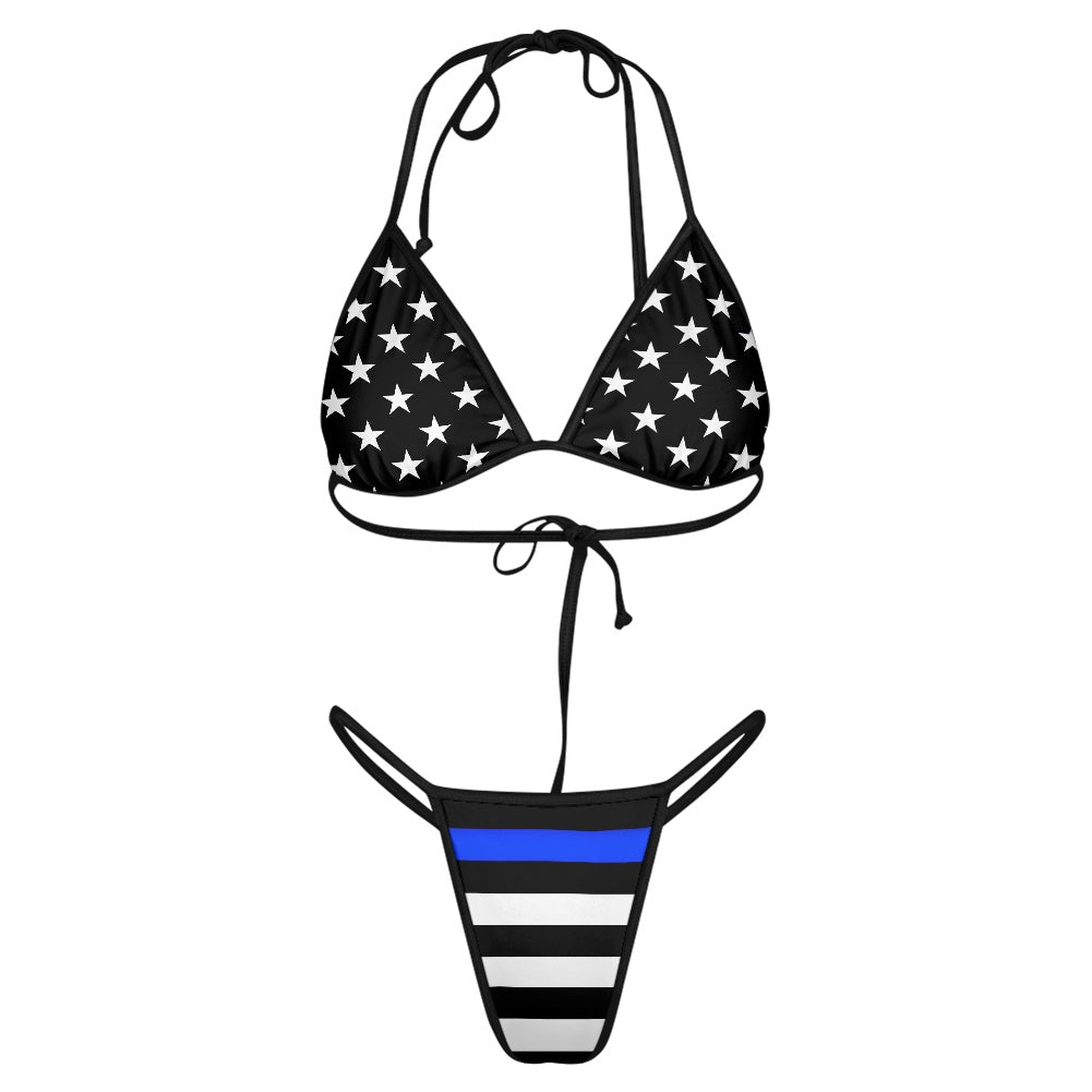 Thin Blue Line Flag Inspired Women's Triangle Bikini with Thong Bottom