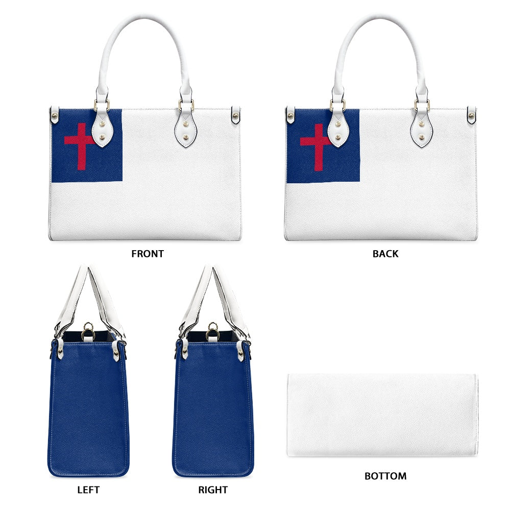 White handbag with blue cross detail by [Brand].