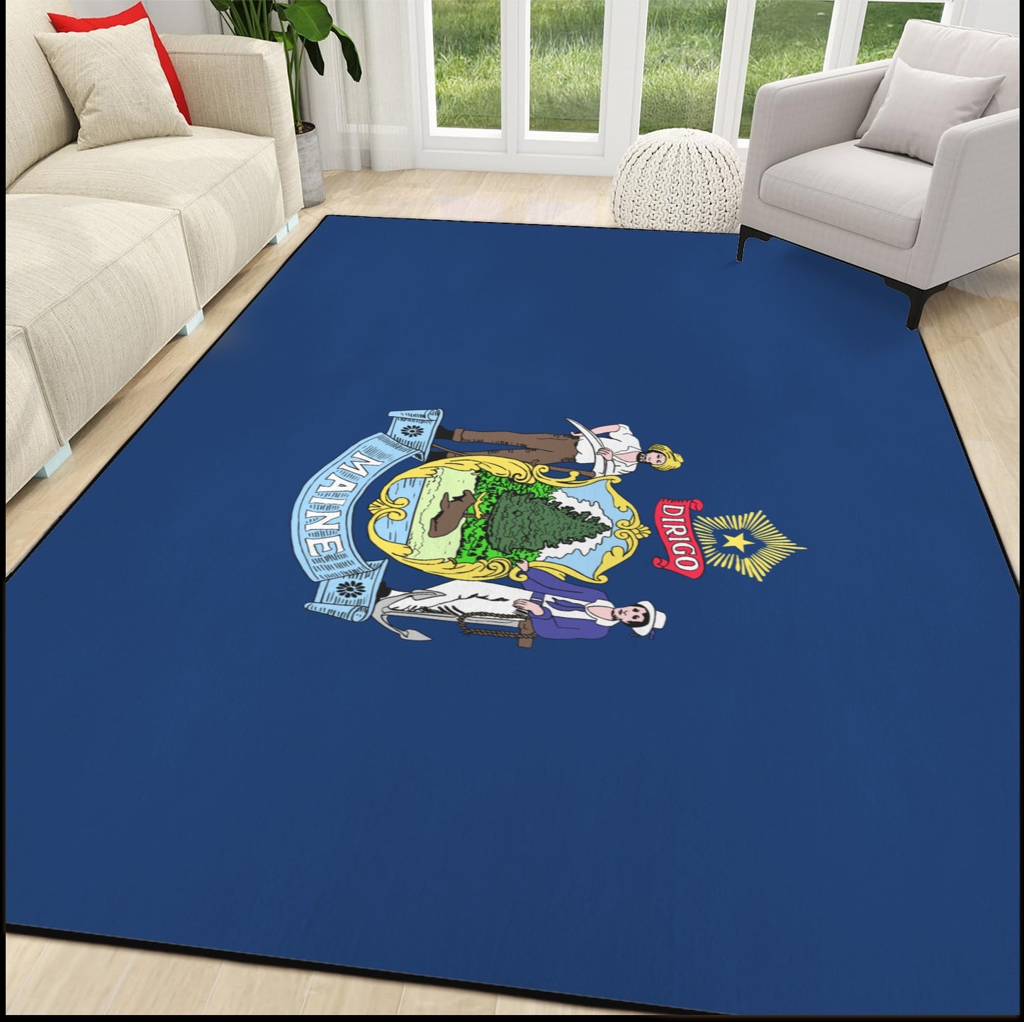 Maine Flag Inspired 84x60 Inch Area Rug with Black Binding (Made in the USA)