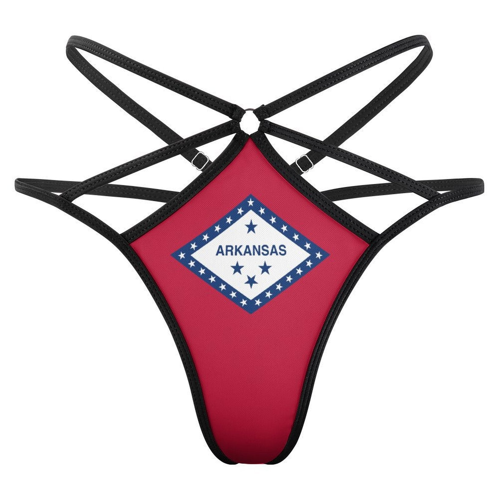 Black strappy bikini bottom with Arkansas design by [Brand].