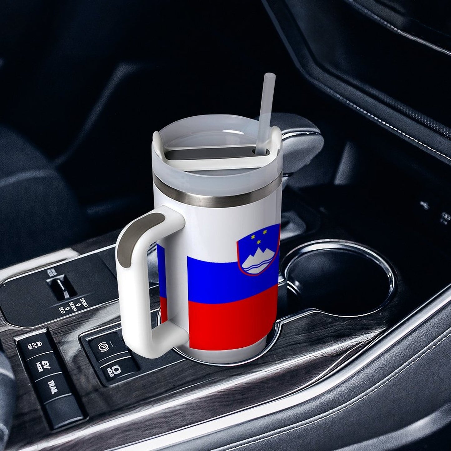 Travel mug with Slovenian flag in car cup holder, [Brand].