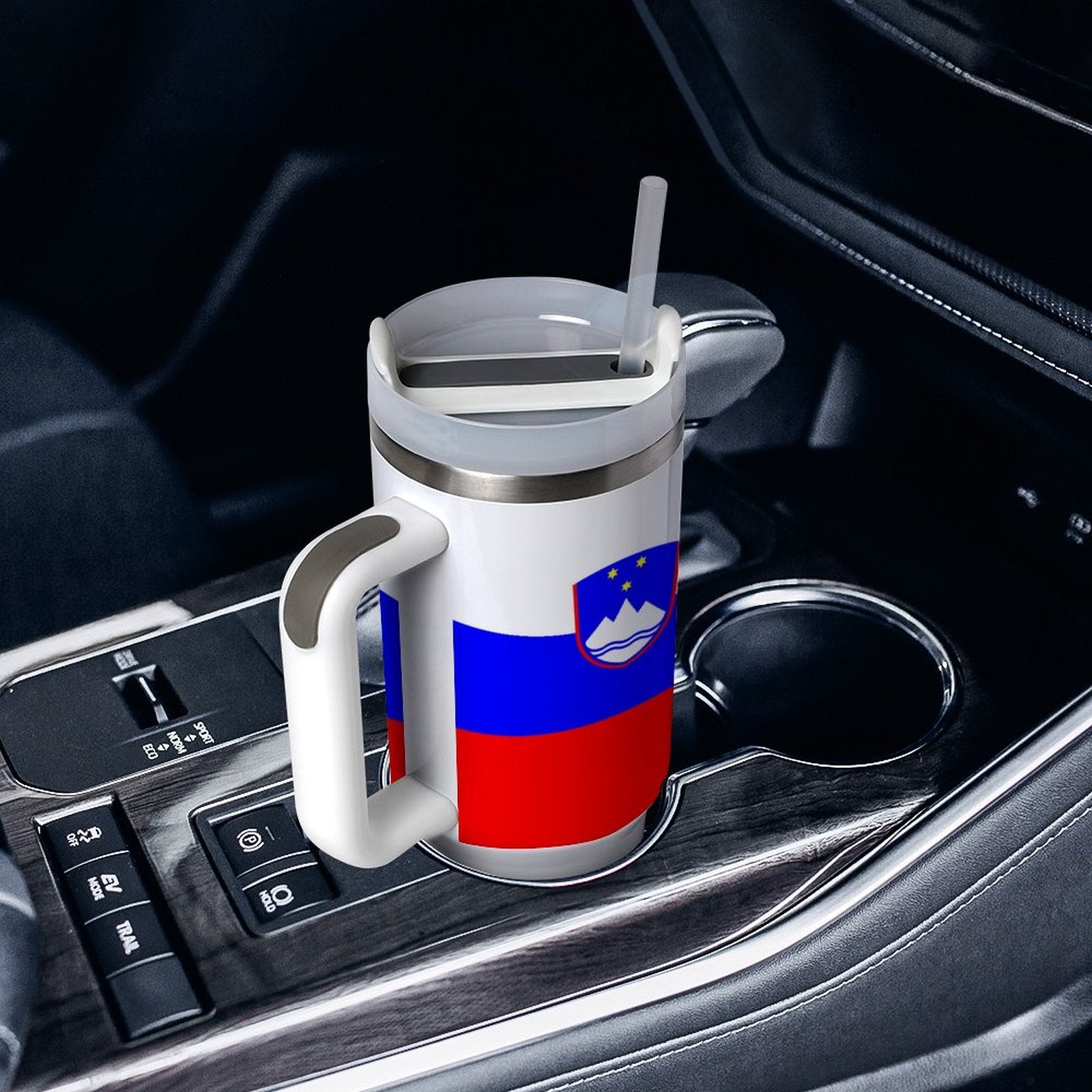 Travel mug with Slovenian flag in car cup holder, [Brand].